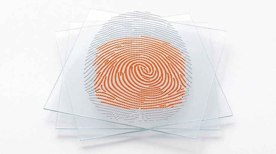 Stylized orange fingerprint on overlapping translucent glass sheets against a white background, evoking identity, security, and modern technology.