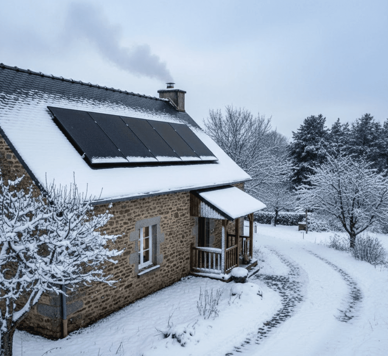 Photo d'une maison et d'un paysage où il y a de la neige et des panneaux solaires sur le toit de la maison