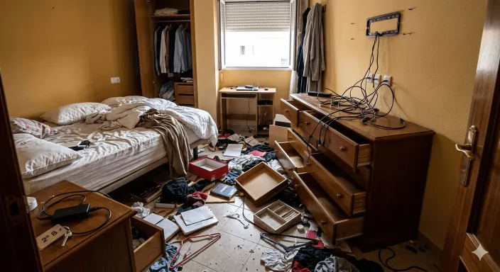 Habitación de un piso de alquiler desordenada tras un robo con fuerza, con sustracción de tecnología y objetos de valor.