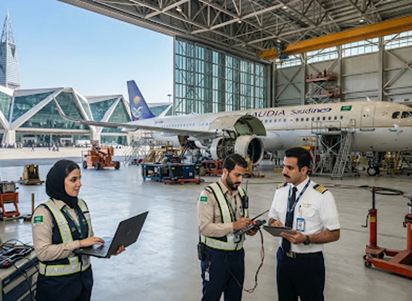 Aviation technicians inspecting a Saudia aircraft in a hangar
