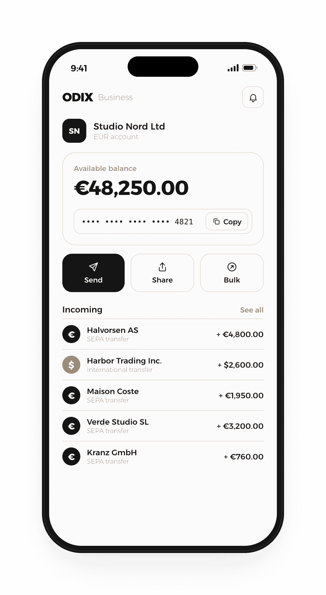 Business account on a phone with balance and incoming payments