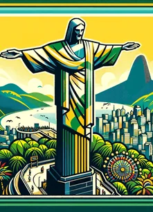 Retro-style poster featuring the iconic Christ the Redeemer statue overlooking Rio de Janeiro, symbolizing Story Inventory's ability to craft social media posts in Portuguese, connecting products with the heart of Brazilian culture