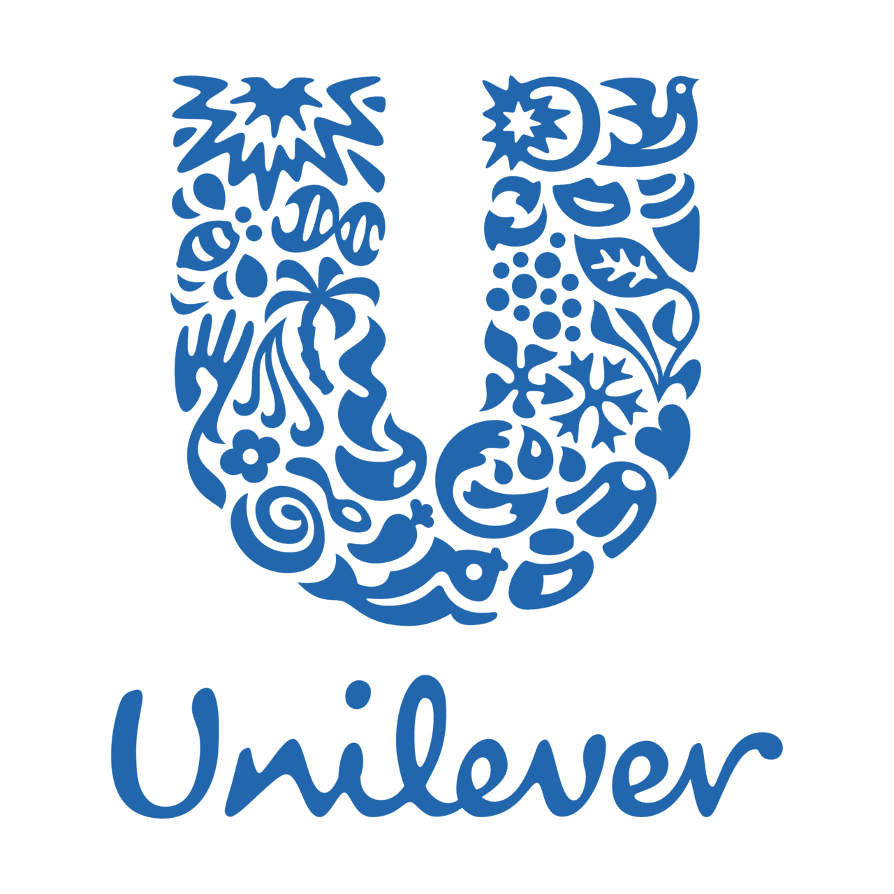 Blue letter "U" logo with the word "Unilever" beneath it. The design is simple and modern.