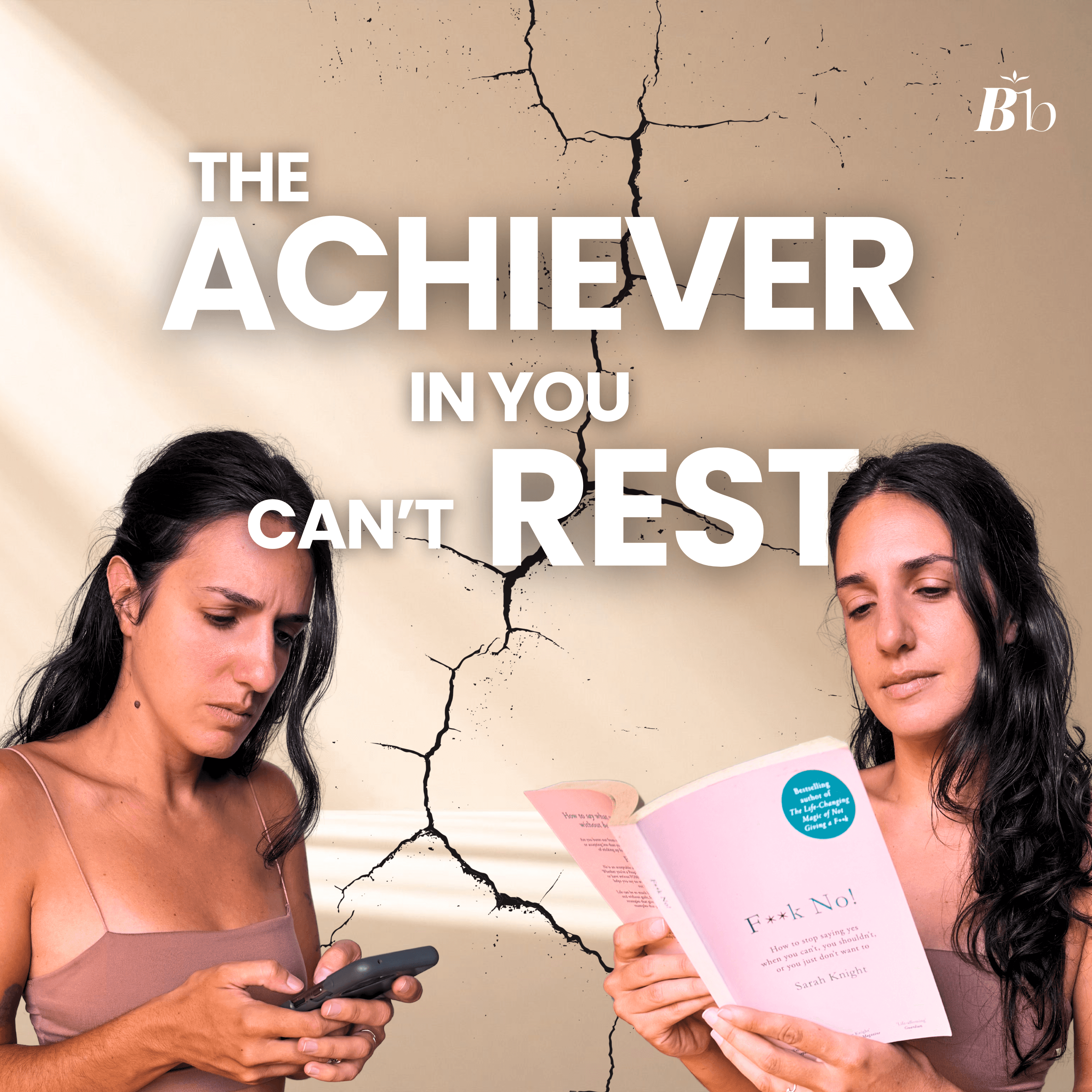 Two women representing two archetypes of the same woman. One looks busy and stressed looking at her phone, the other looks relaxed and at peace, reading her book