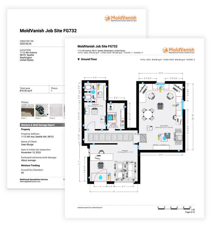 magic plan job site report with detailed floor plans and damage documentation