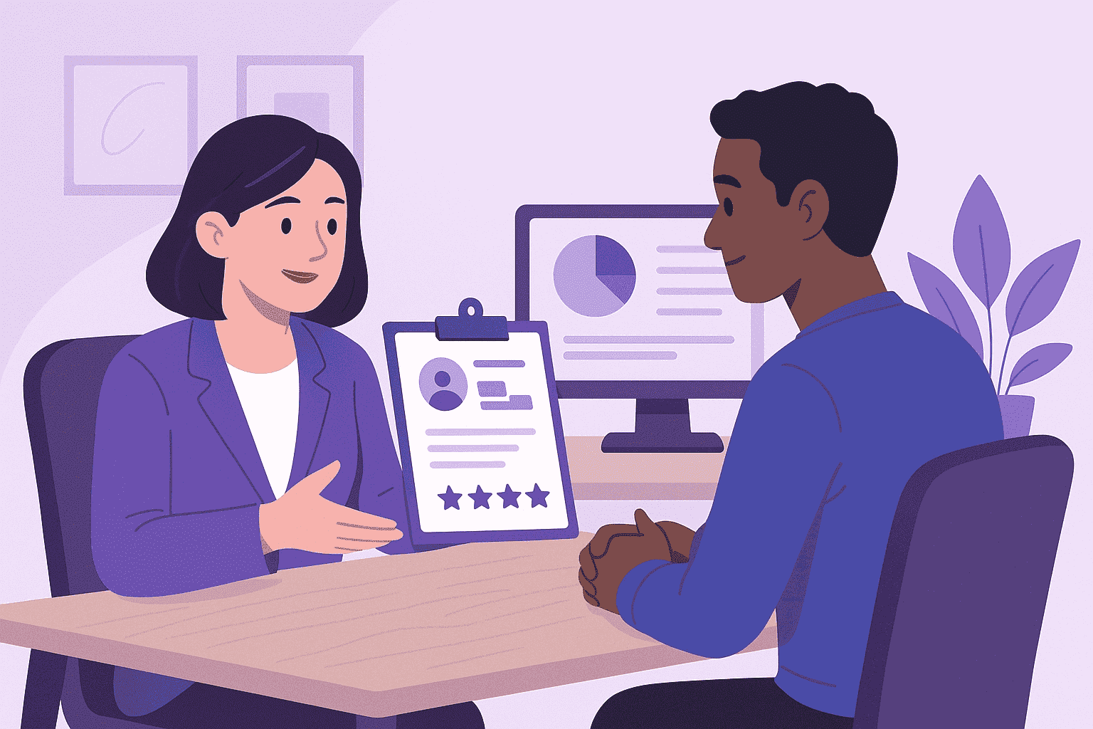 A flat-style digital illustration of a manager and employee discussing a performance review in a collaborative setting, emphasizing trust and constructive feedback.