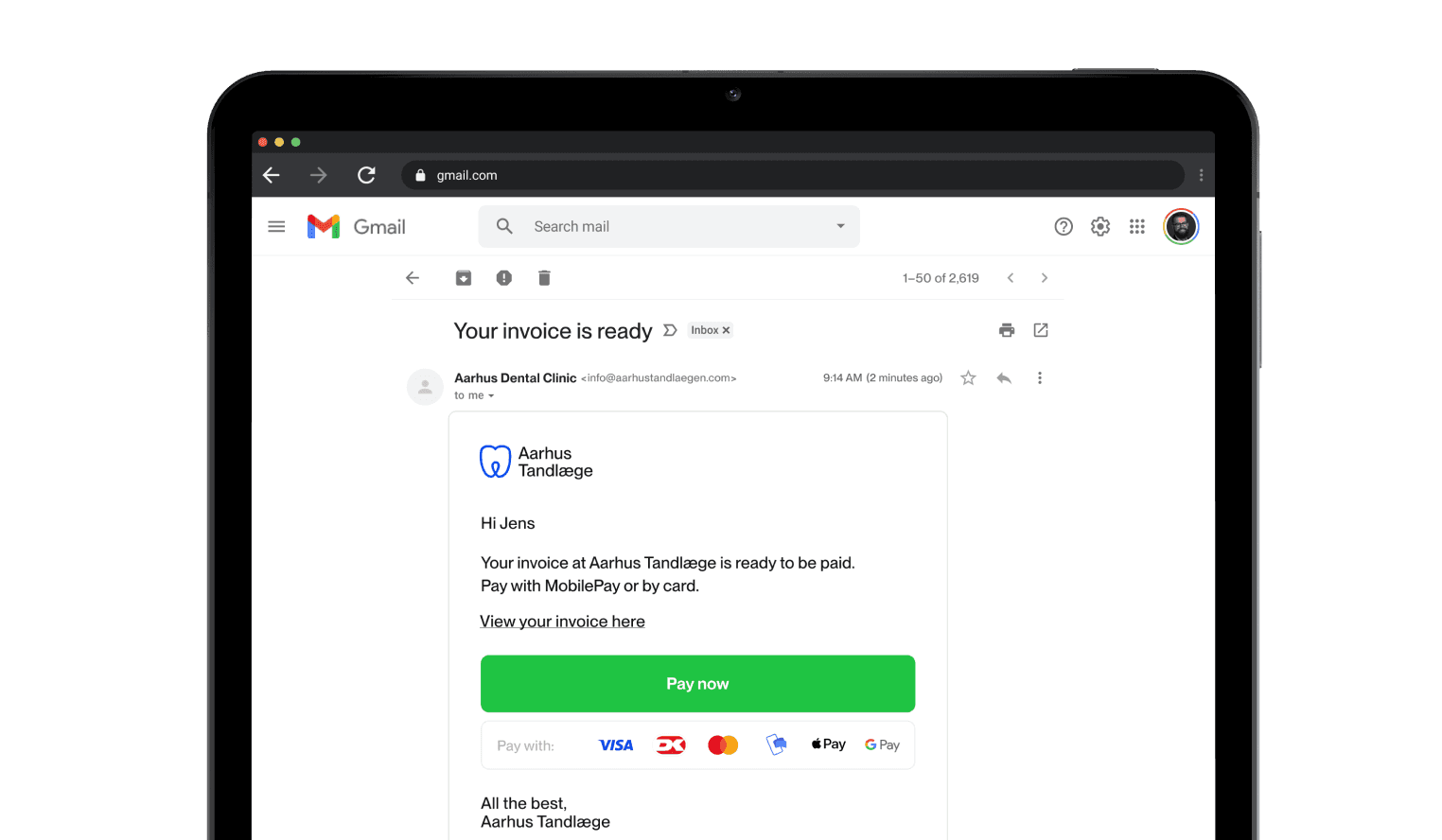 Email on an iPad with a link to Vibrant invoice payment