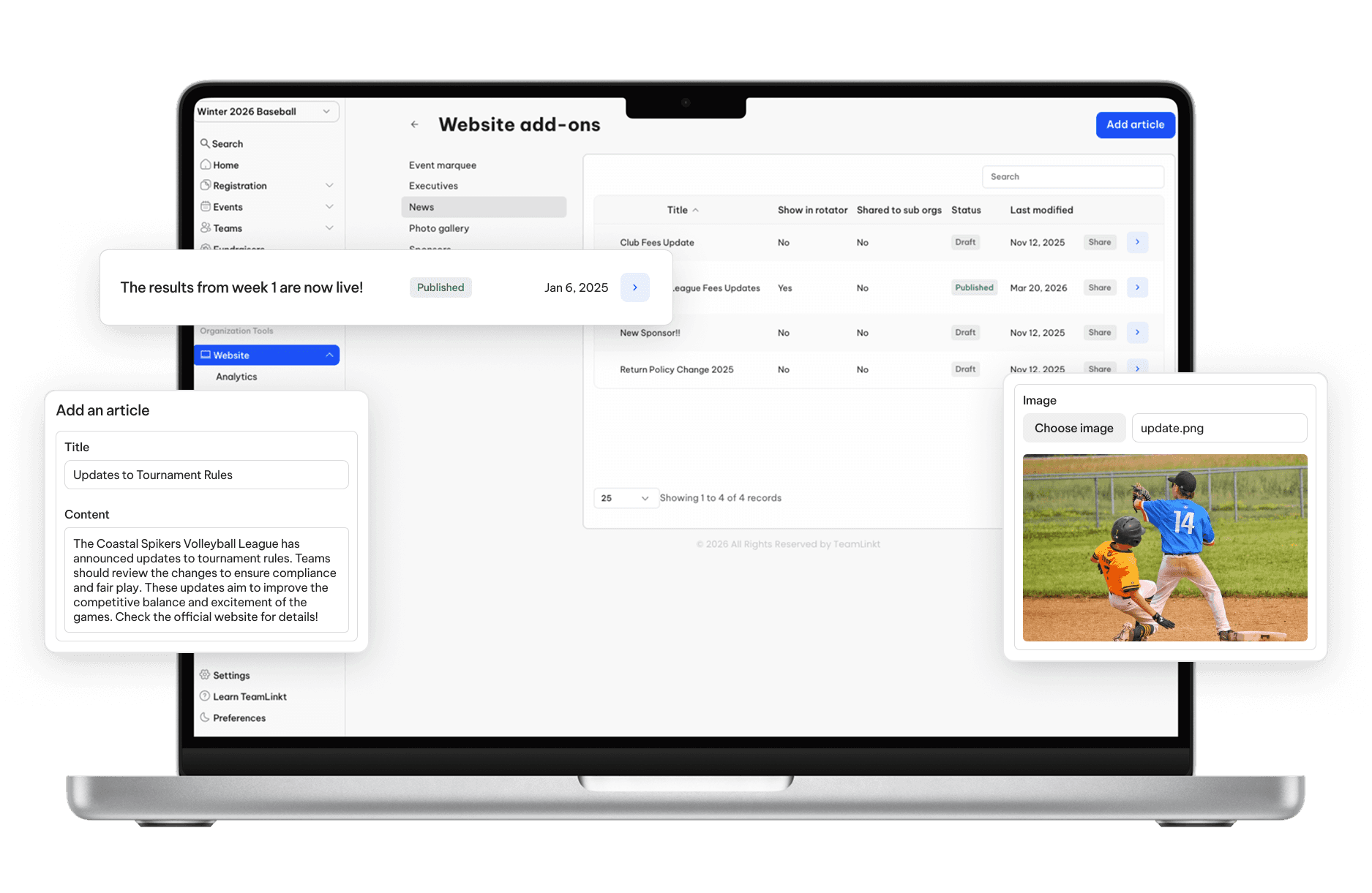 TeamLinkt's Baseball Website News Articles and Posts Tool