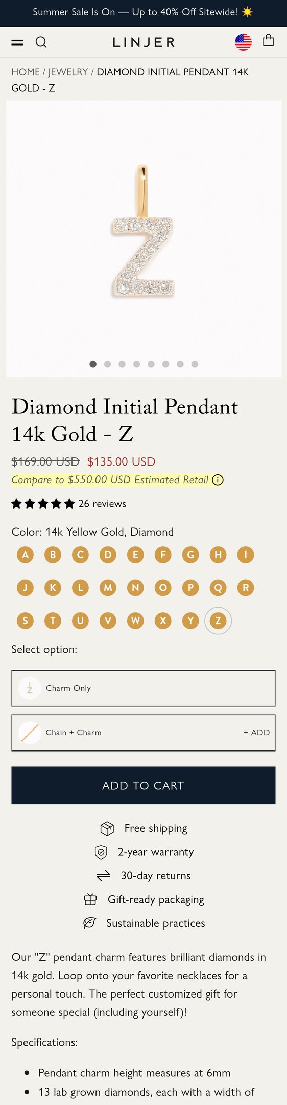 Jewelry product options include: necklace, pendant, chain for Diamond Initial Pendant 14k Gold - Z from Linjer.