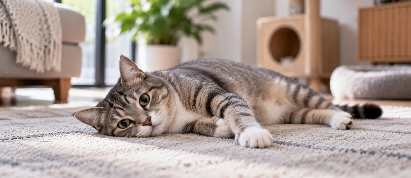 A tabby cat lies stretched out on its side on the floor, alert but immobile.