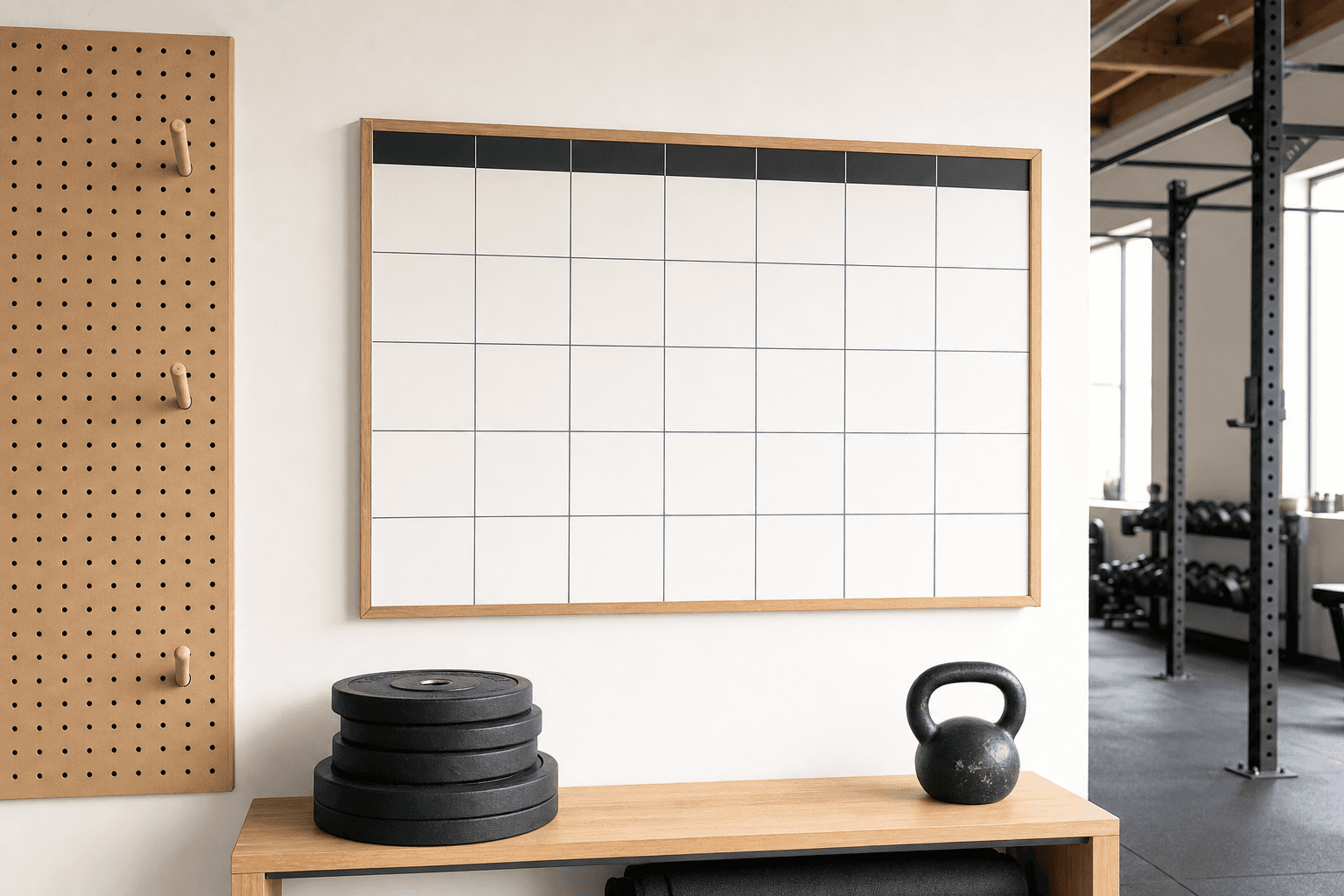 Weekly workout planner board with weight plates and kettlebell on a wooden bench