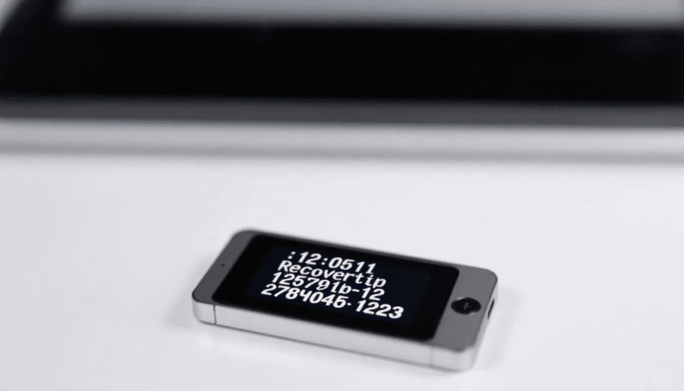 A hardware wallet device is displayed with its screen showing a recovery phrase, which is essential for restoring access to your bitcoin wallet. This secure physical device ensures maximum security for your digital assets and allows users to manage their crypto wallets with confidence.