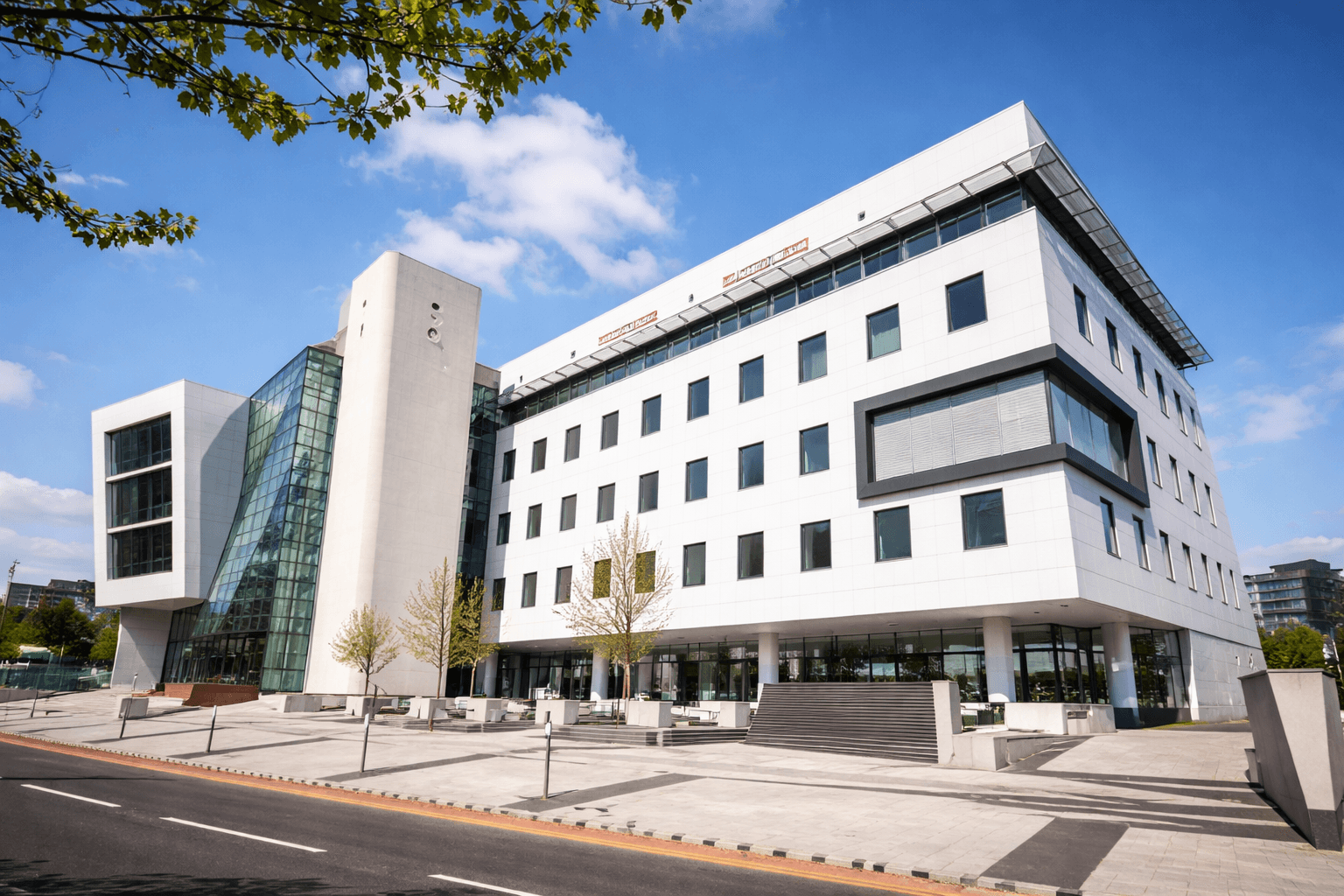 architectural photo of tower between buildings