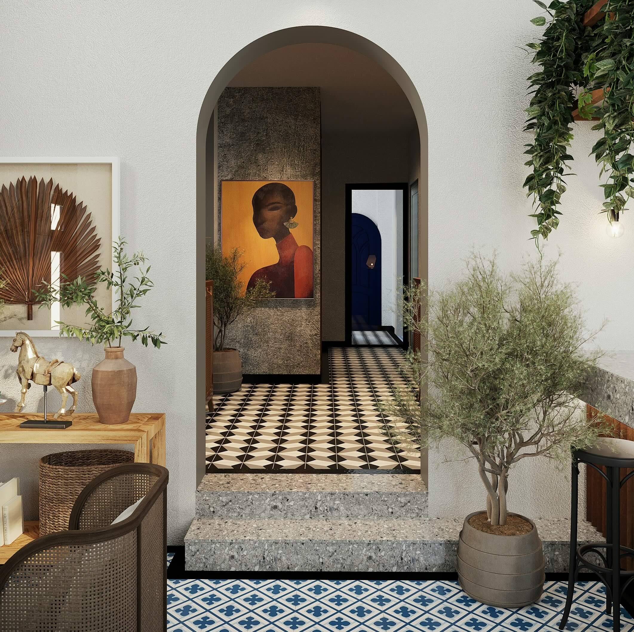 Arched hallway with patterned floor tiles, a textured stone wall with portrait artwork and olive trees in terracotta pots