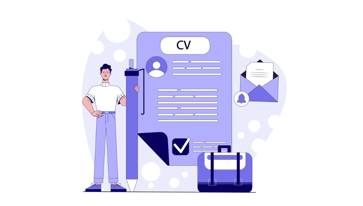 Illustration of a person standing beside a large CV document with a checkmark, pencil, envelope, and briefcase—symbolizing the components of a professional job application and the distinctions between a CV, resume, and cover letter.