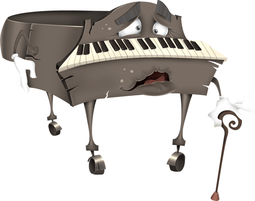 Porter Piano, a grand piano character leaning on a walking cane.
