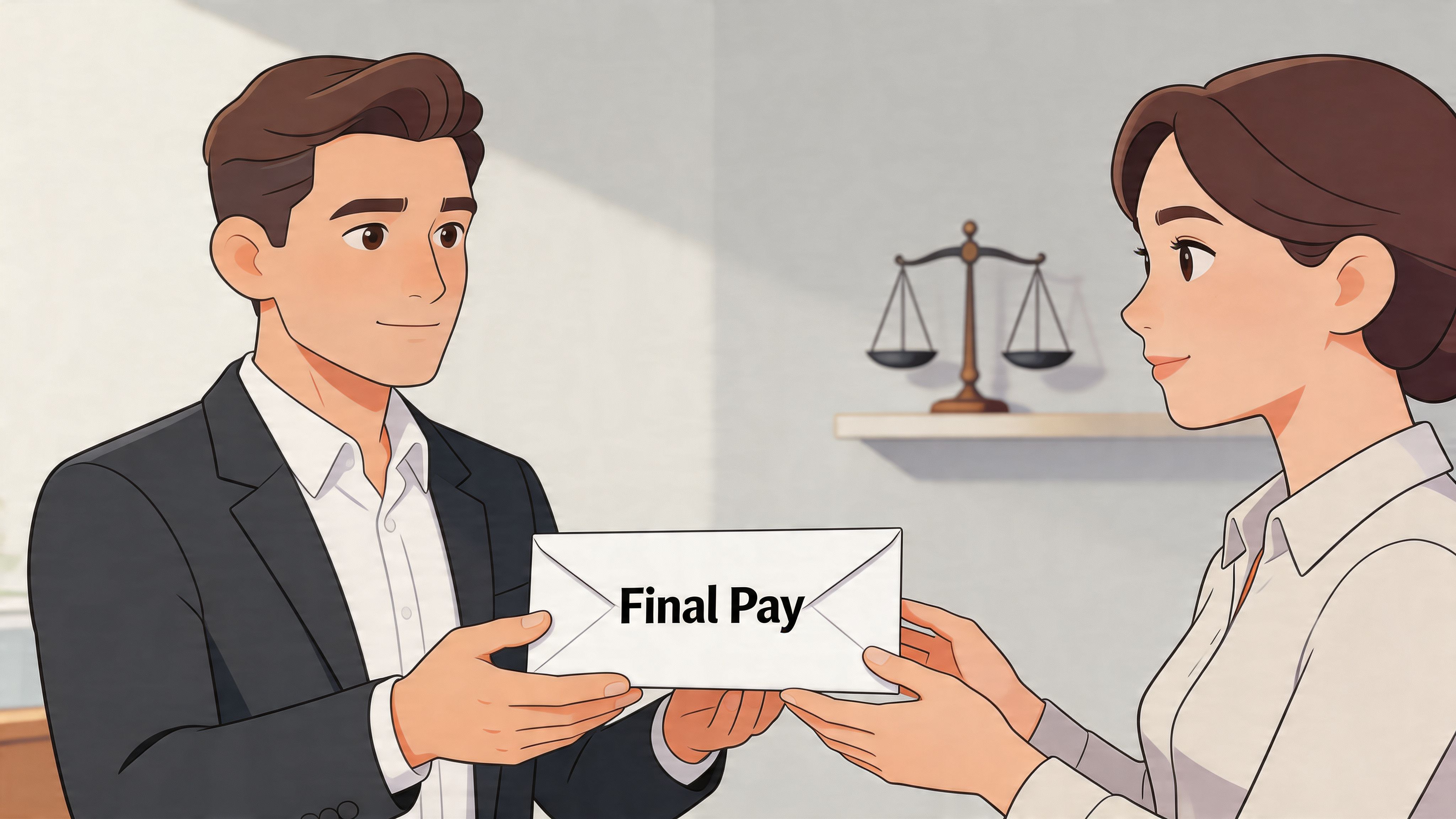 A professional man handing an envelope labeled Final Pay to a woman in a legal office setting.