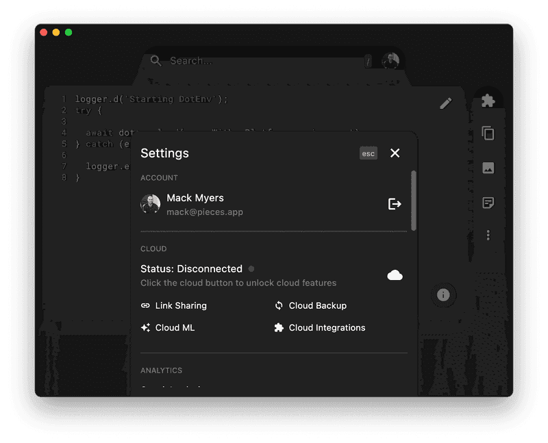 Connect to the Cloud menu in Pieces.