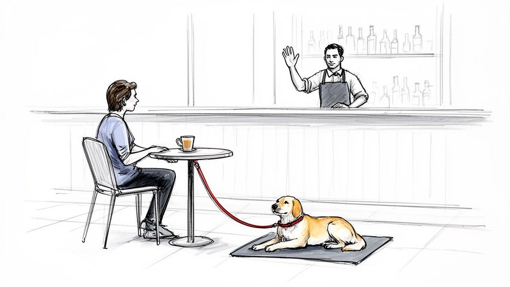 A person and their leashed dog at a cafe table, with a waving bartender in the background.