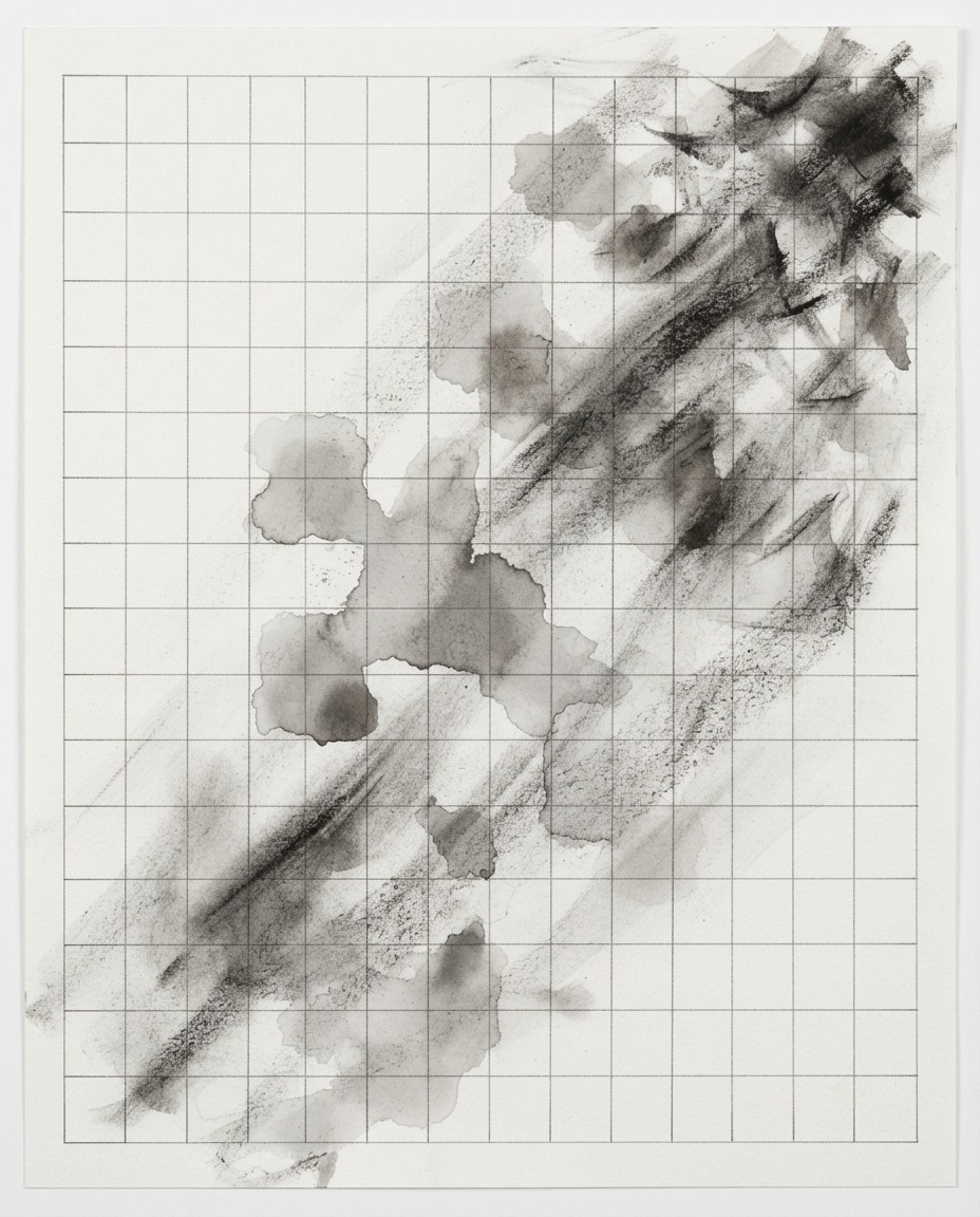 Grid with Weather by Ada Brenner: a storm of ink wash and charcoal moving across a pencil grid