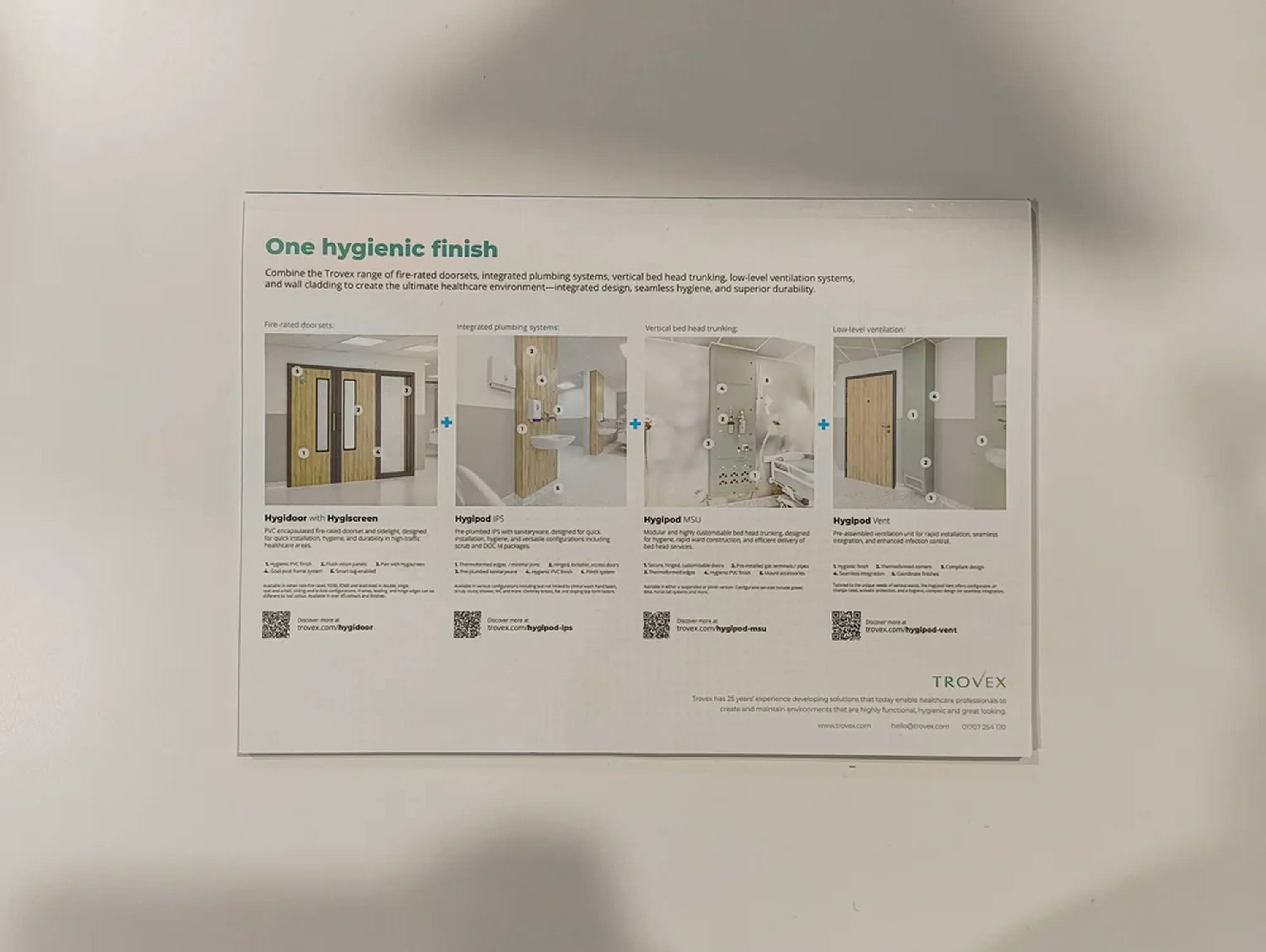 The Trovex Hygidoor, Hygipod IPS, Hygipod MSU and Hygipod Vent featuring on the back cover of the Healthcare Estate Journal