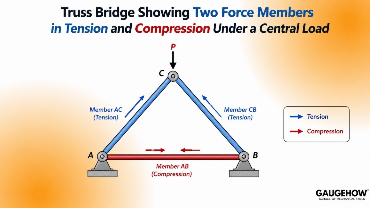 truss bridge showing two force members in tension and compression under a central load