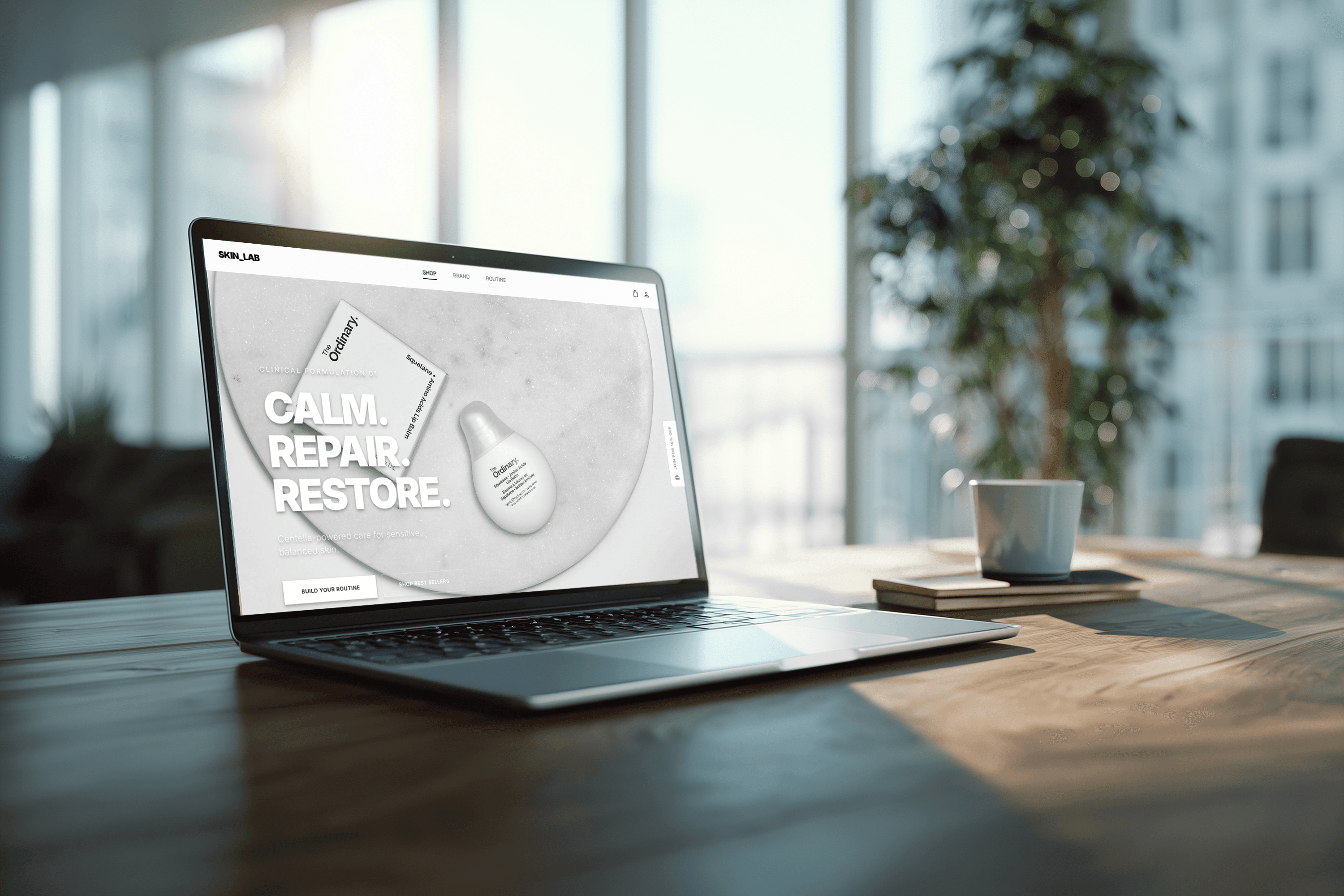 Studio portrait of a woman in a bright blue turtleneck and white trousers standing in front of a bold red square backdrop.