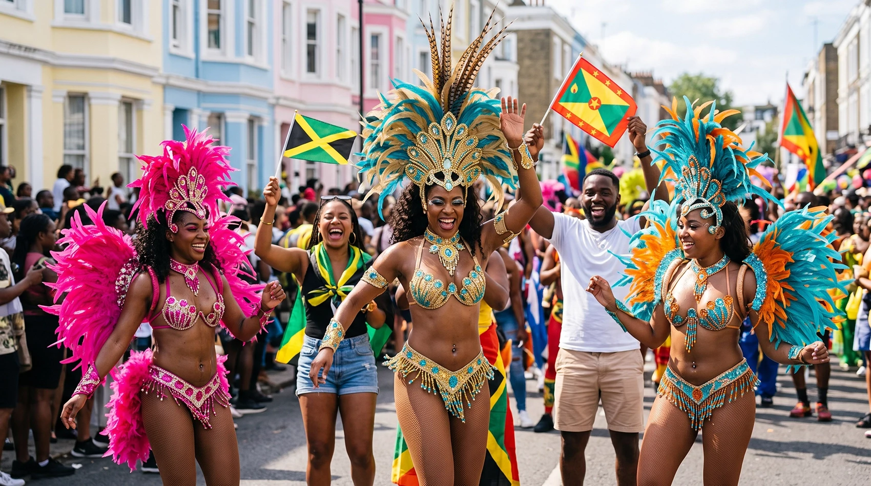 Notting Hill Carnival celebration with dancers in pink and turquoise costumes and Jamaica Trinidad flags crowd