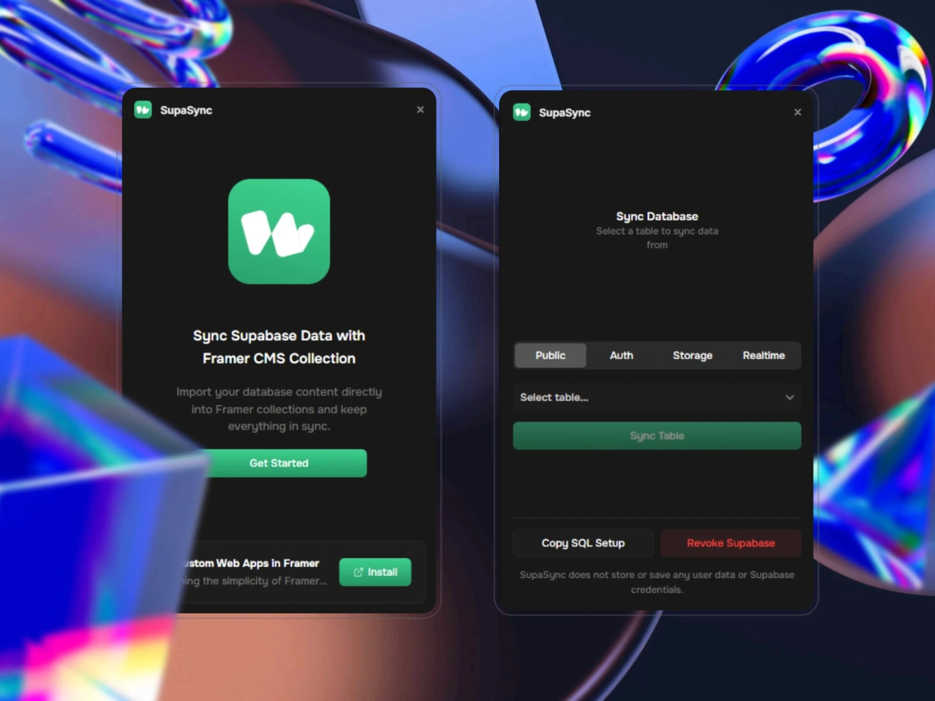 The SupaSync plugin displays two windows side by side: on the left, an introduction to CMS collection integration, and on the right, the database sync settings screen.