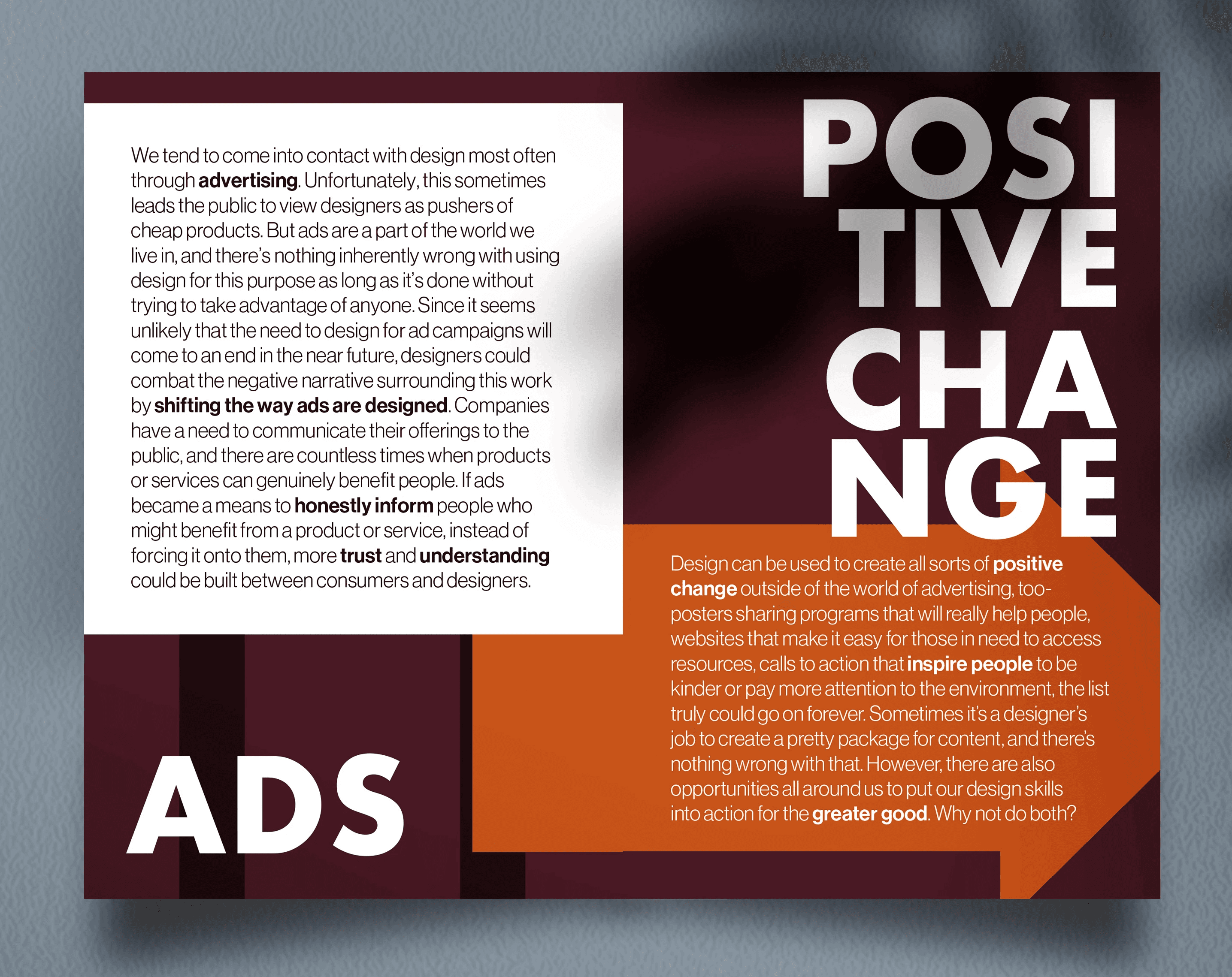 A two-page booklet spread mockup with two text blocks. The left page features the headline 'ADS', and the right page features the headline 'POSITIVE CHANGE' in a high-contrast sans-serif font.