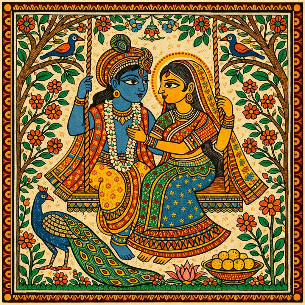 radha krishna on swing on a tree, peacock