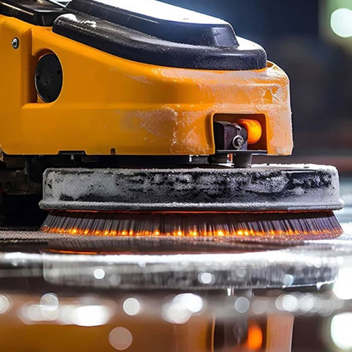 Nahaufnahme einer Reinigungsmaschine mit Bürstenwalze bei der Bodenreinigung