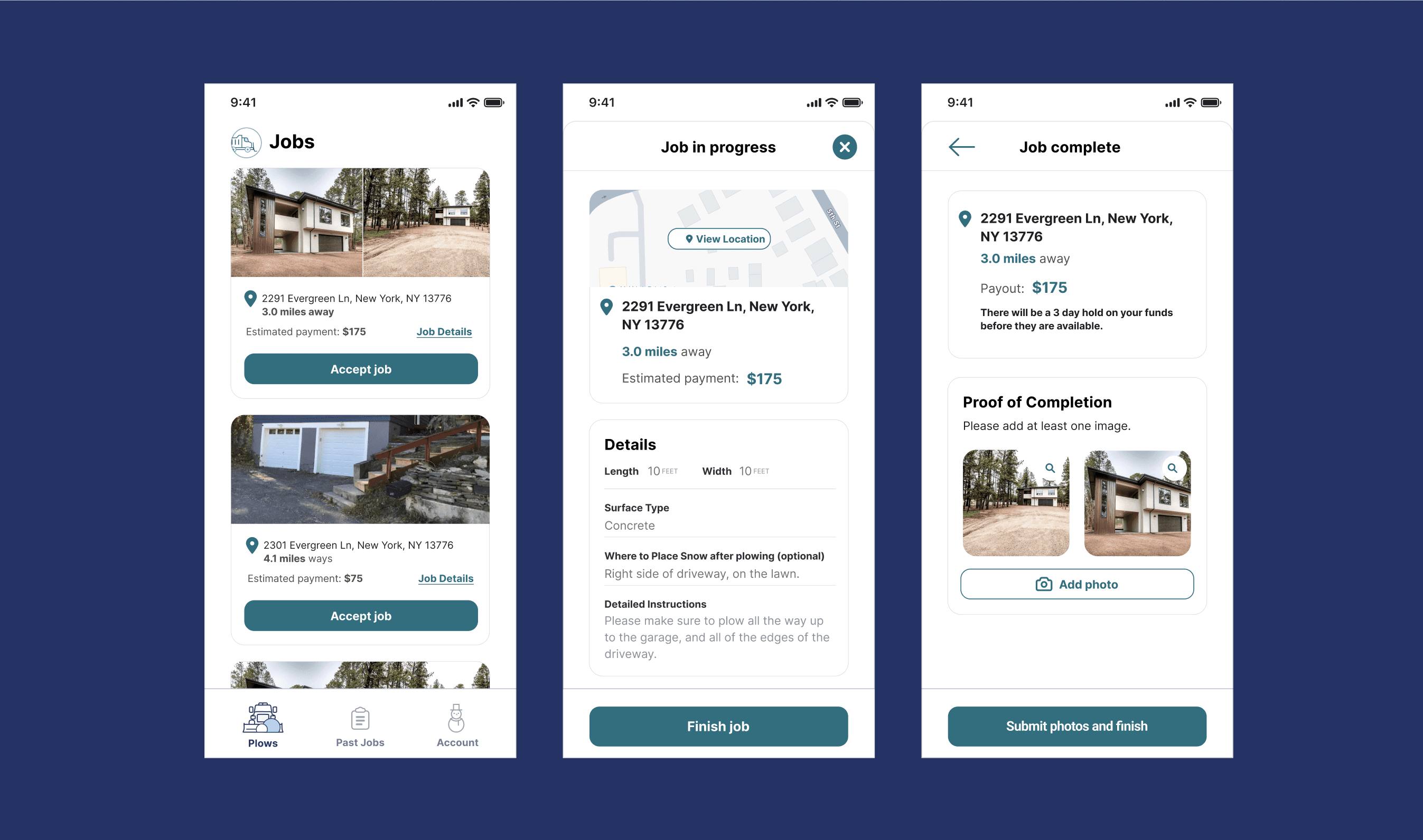 mockup of a flow for a user providing snow plow services