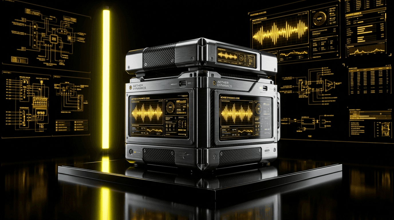 High-contrast studio render of the Aether Dynamics modular computing core device