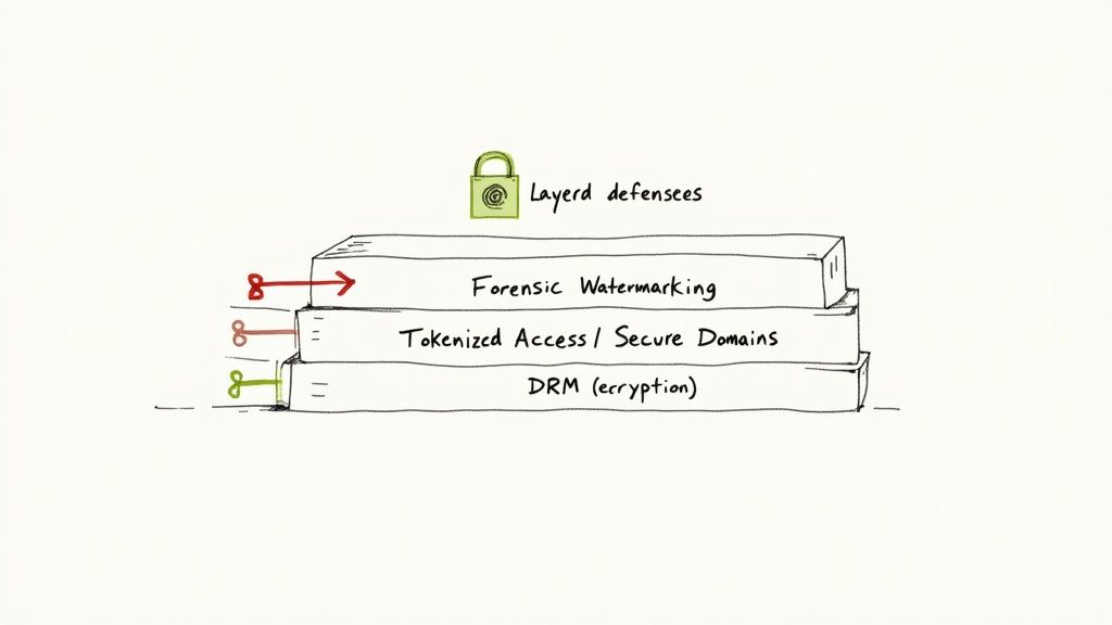 A graphic showing multiple layers of security shields protecting a video icon