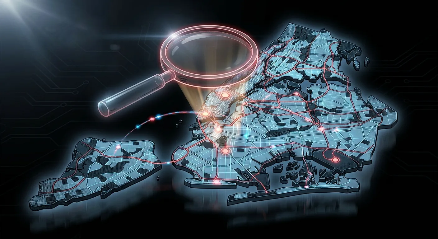 Digital map with magnifying glass highlighting routes for RockN' Socials Digital Marketing Agency.