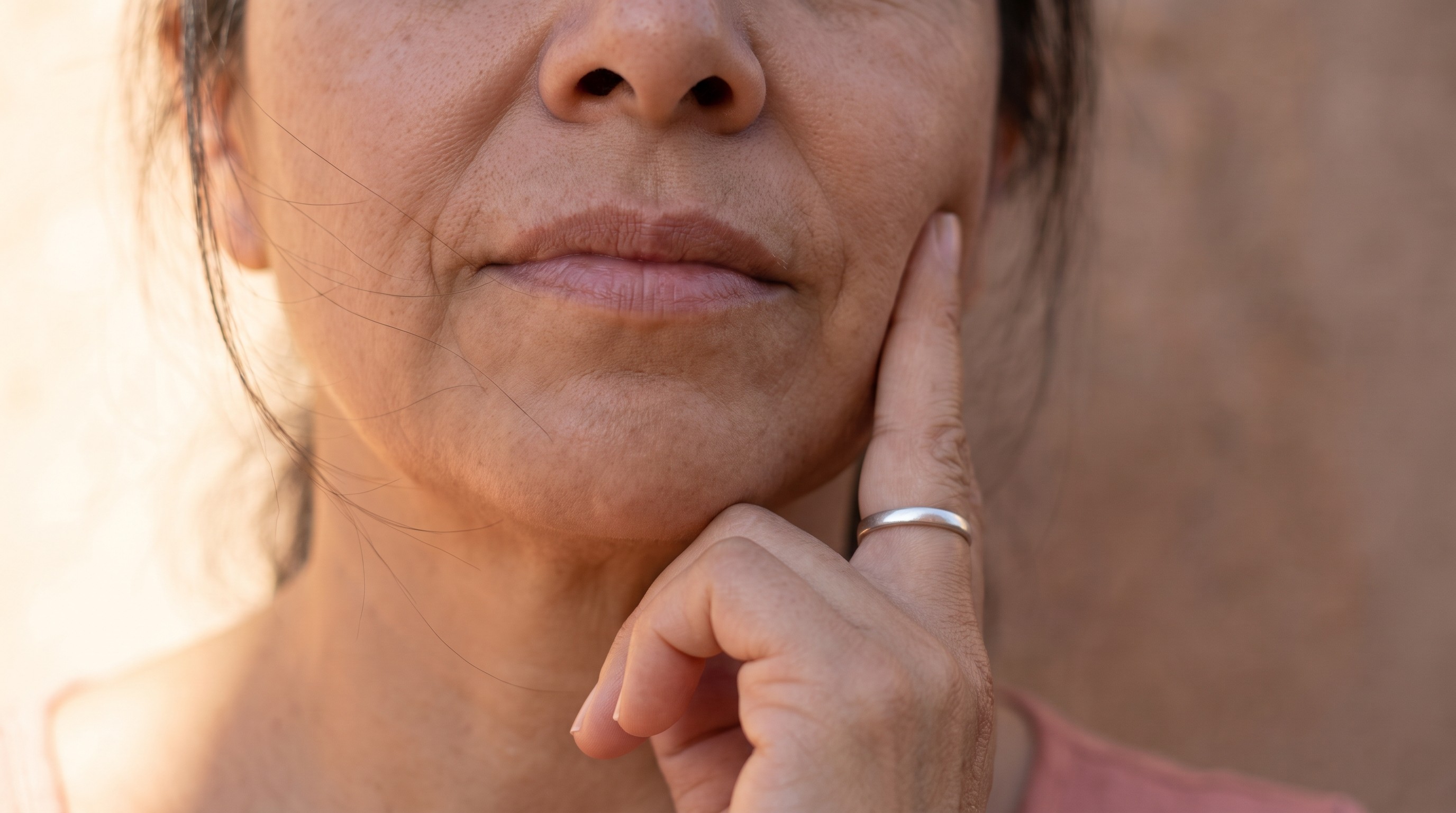 Mujer de mediana edad tocándose la mejilla cerca de la mandíbula con una expresión de dolor o molestia bajo una cálida luz del día