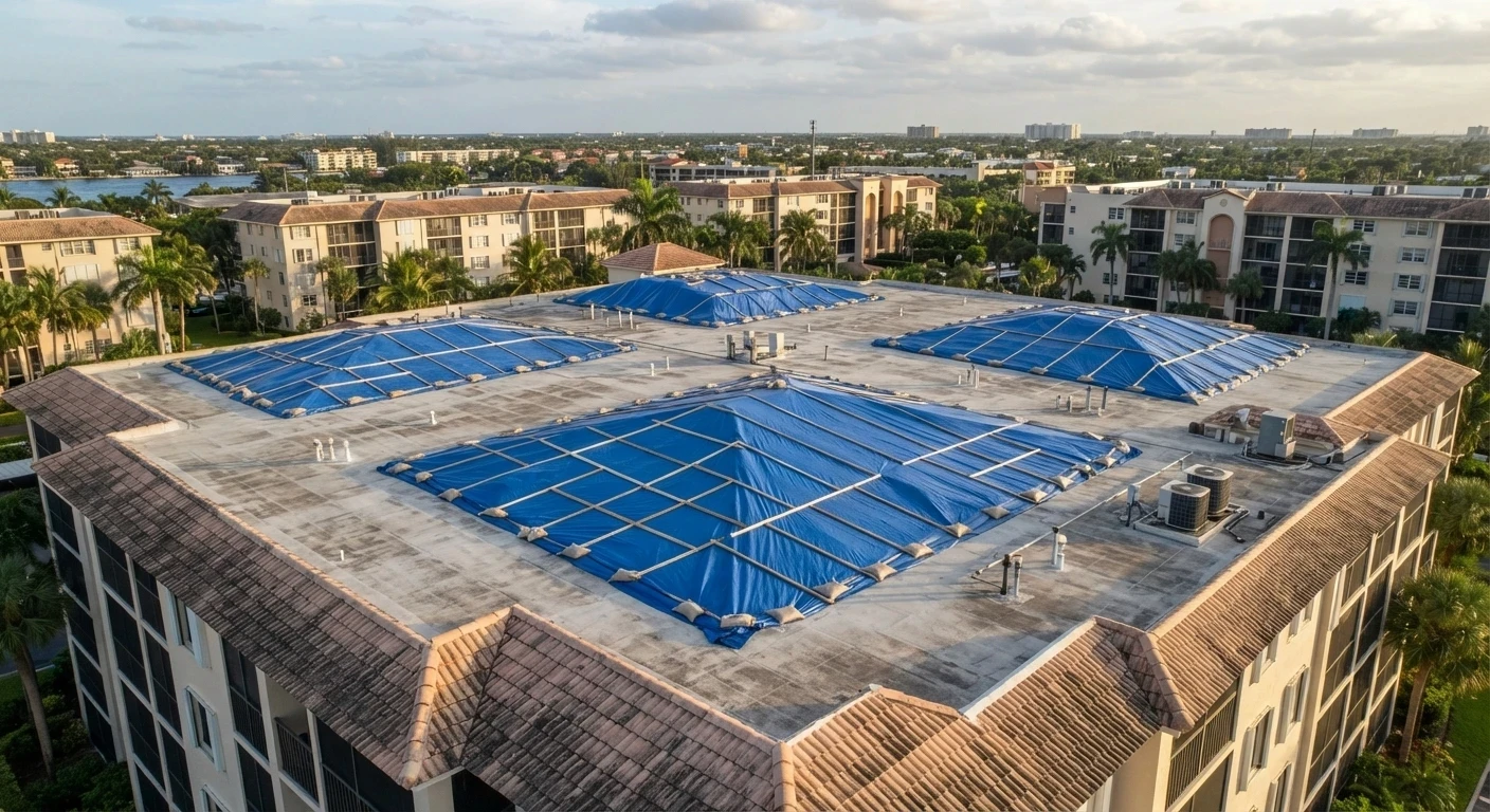 Aerial view of a South Florida condo building roof with tarped storm damage across multiple sections