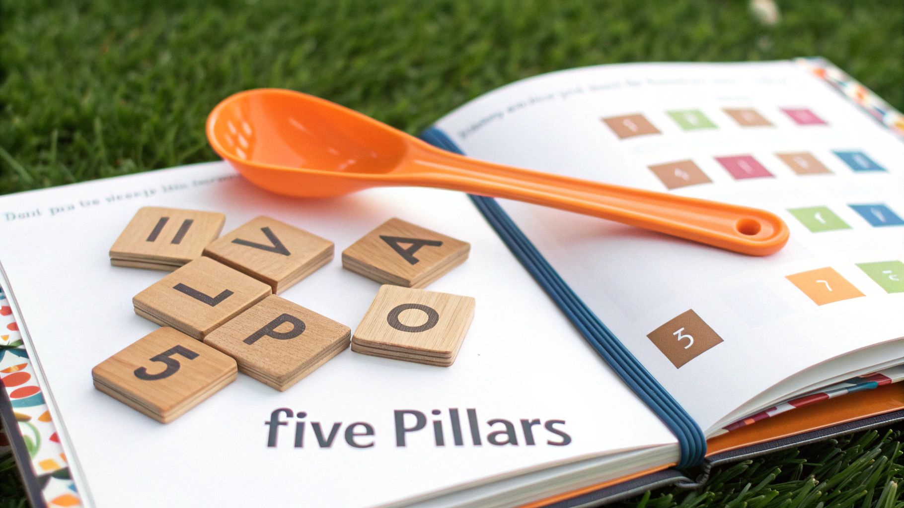 An open educational book on green grass with wooden letter tiles, an orange spoon, and 