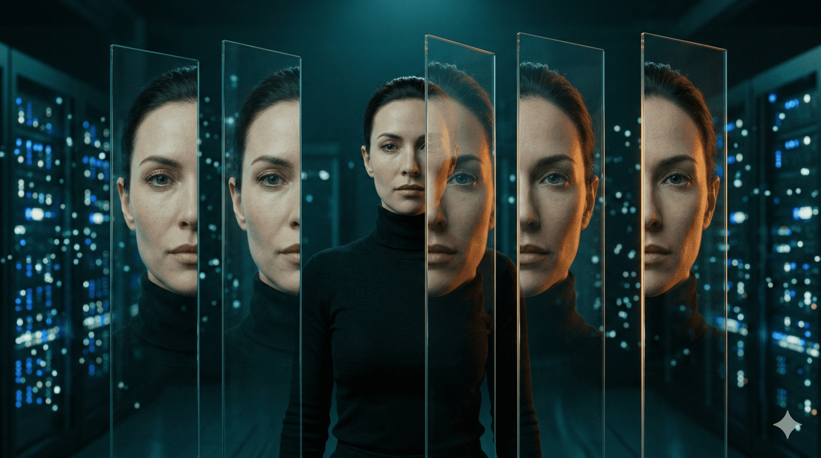 Woman reflected in glass panels inside a futuristic server room
