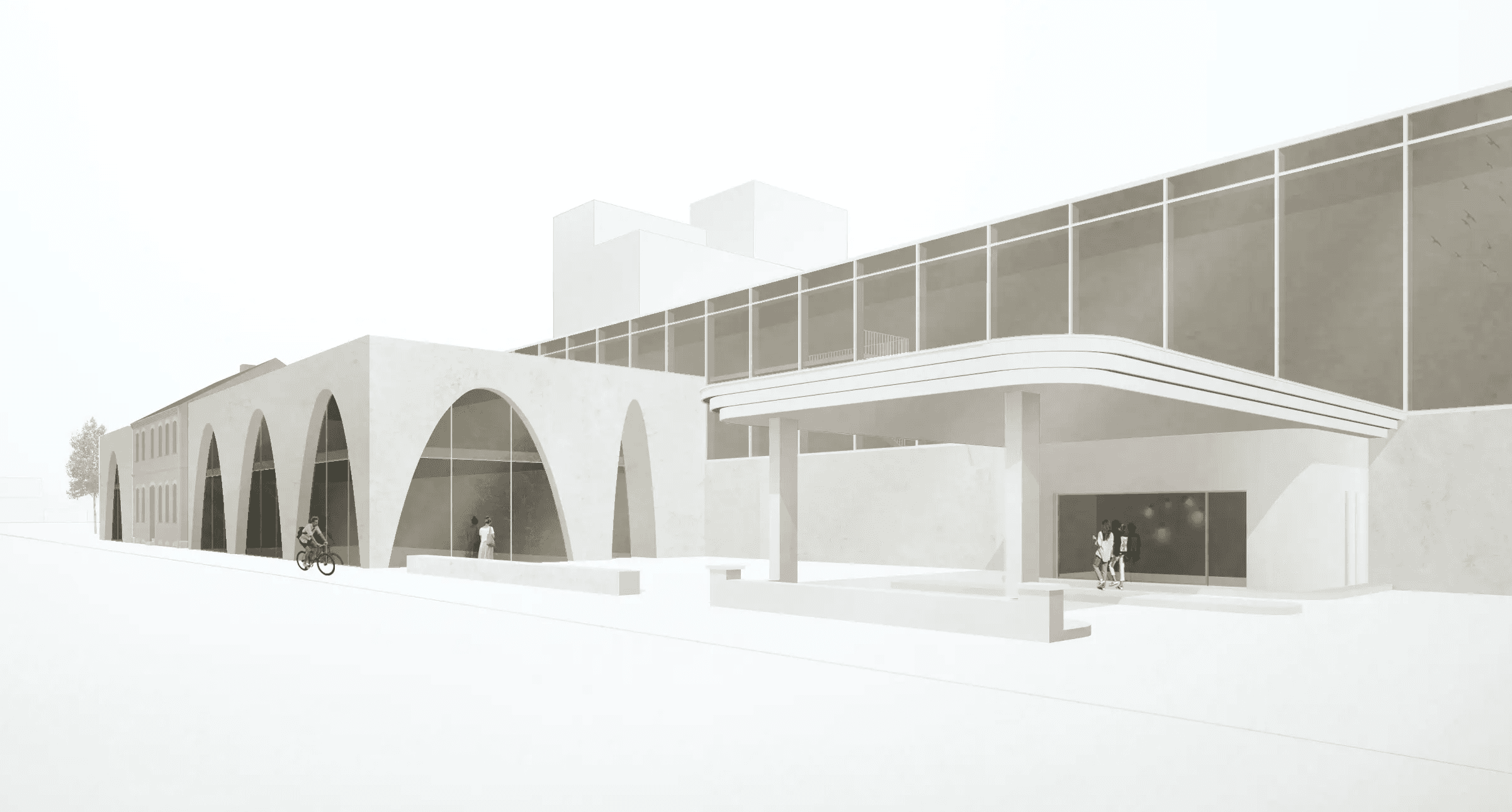 Südliche Perspektive des Tankstelle-Kyritz-Ensembles mit Bestandsgebäude und Riegel