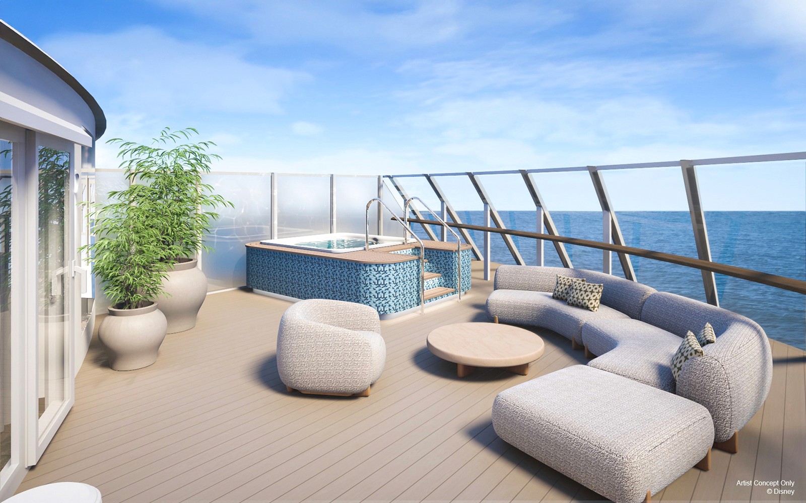 迪士尼冒险邮轮上的礼宾皇家套房，配备海景阳台，豪华客舱设施一应俱全。