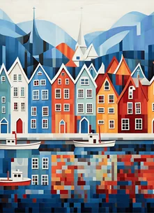 Colorful geometric portrayal of Scandinavian houses by the waterfront, conveying Story Inventory's feature of telling your product's story in Scandinavian languages, embracing local linguistic nuances