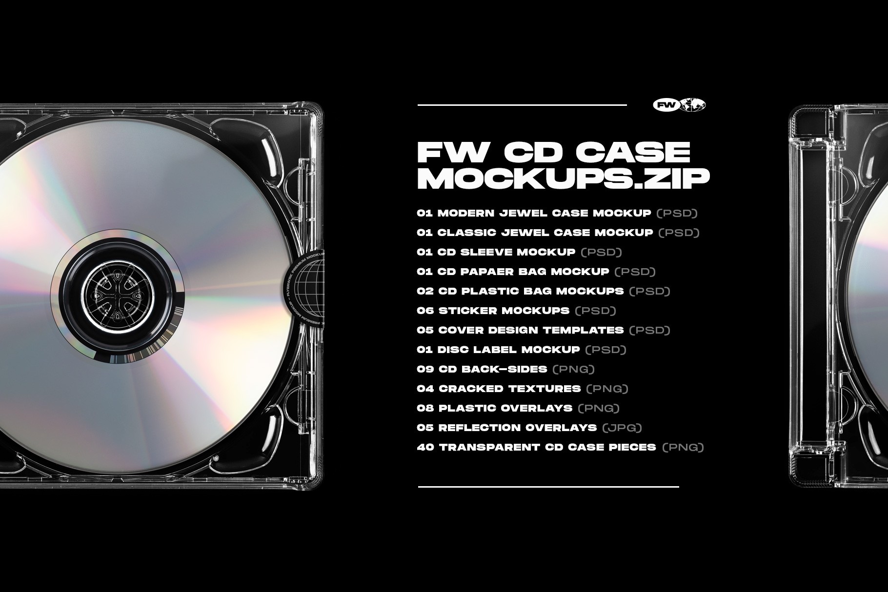 CD jewel case mockup bundle included files overview showing PSD mockups and textures