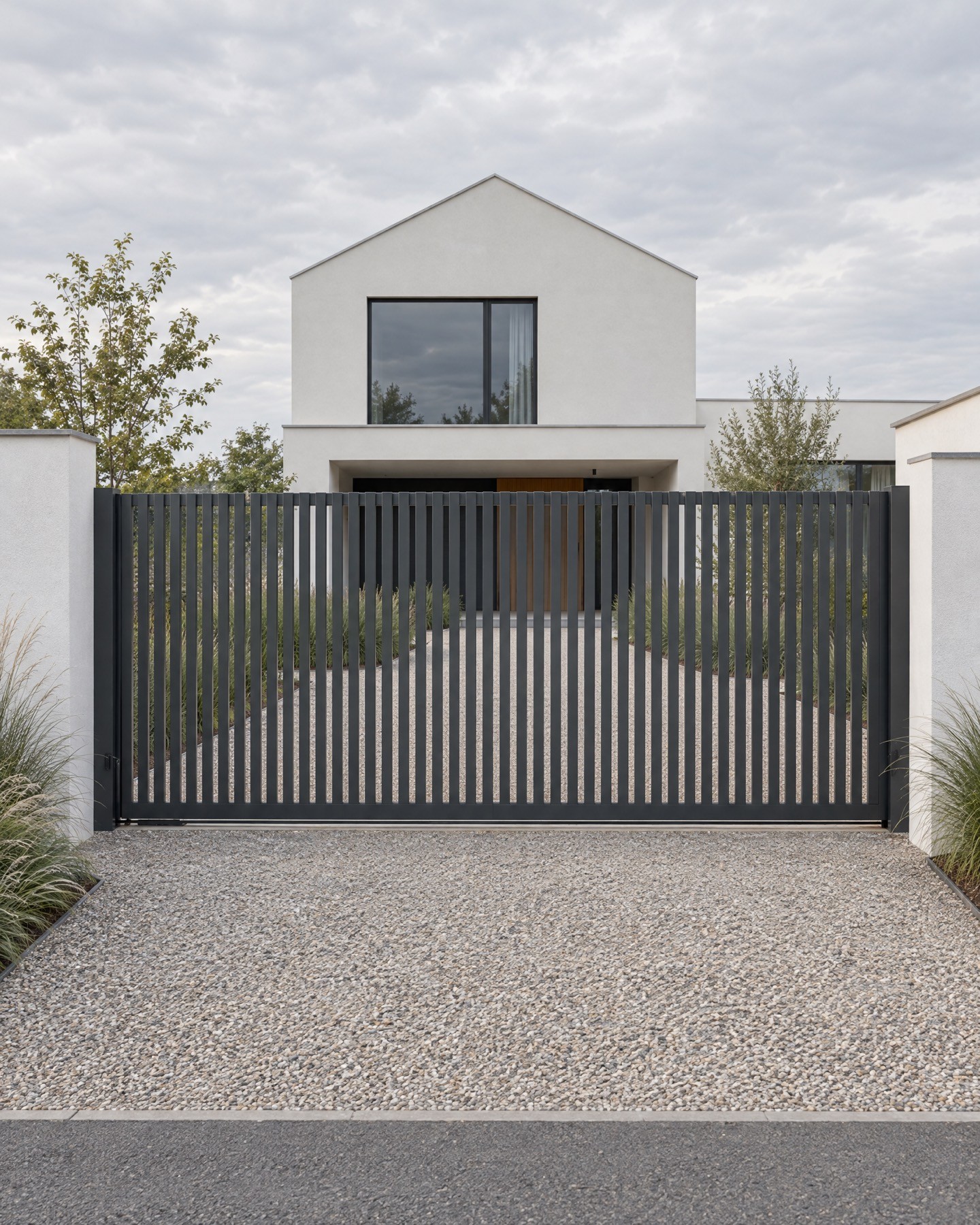 Anthracite slatted steel sliding gate in front of a white house