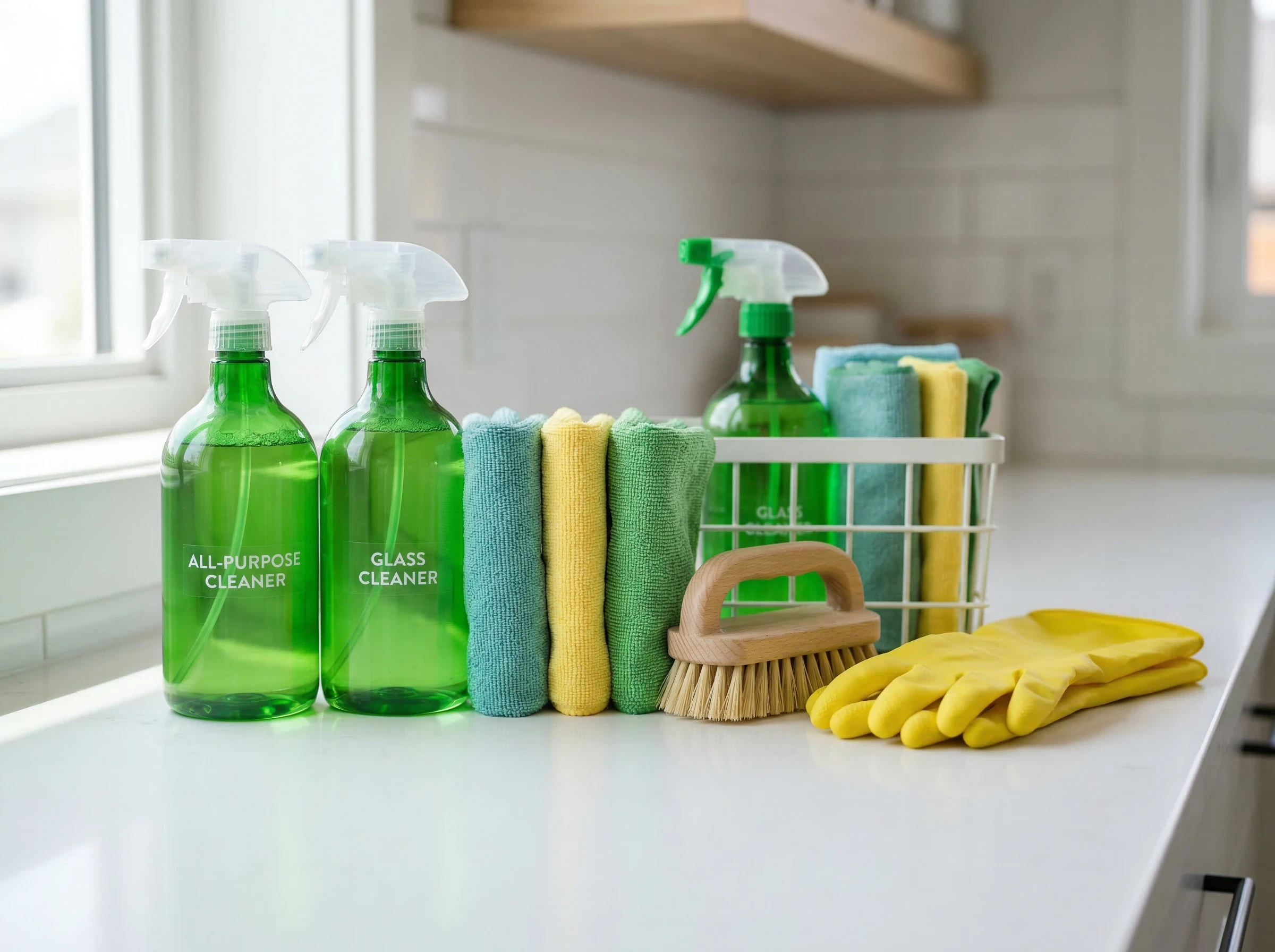 Green cleaning supplies, microfiber cloths, a brush, and yellow gloves on a countertop.