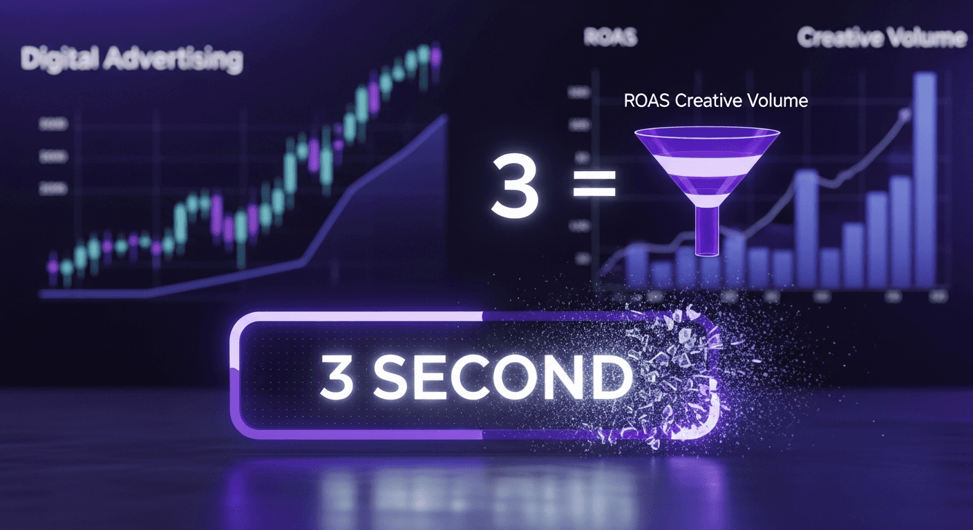 Graphical illustration featuring an upward trending line chart, a timer reading "3 seconds," and a funnel chart.