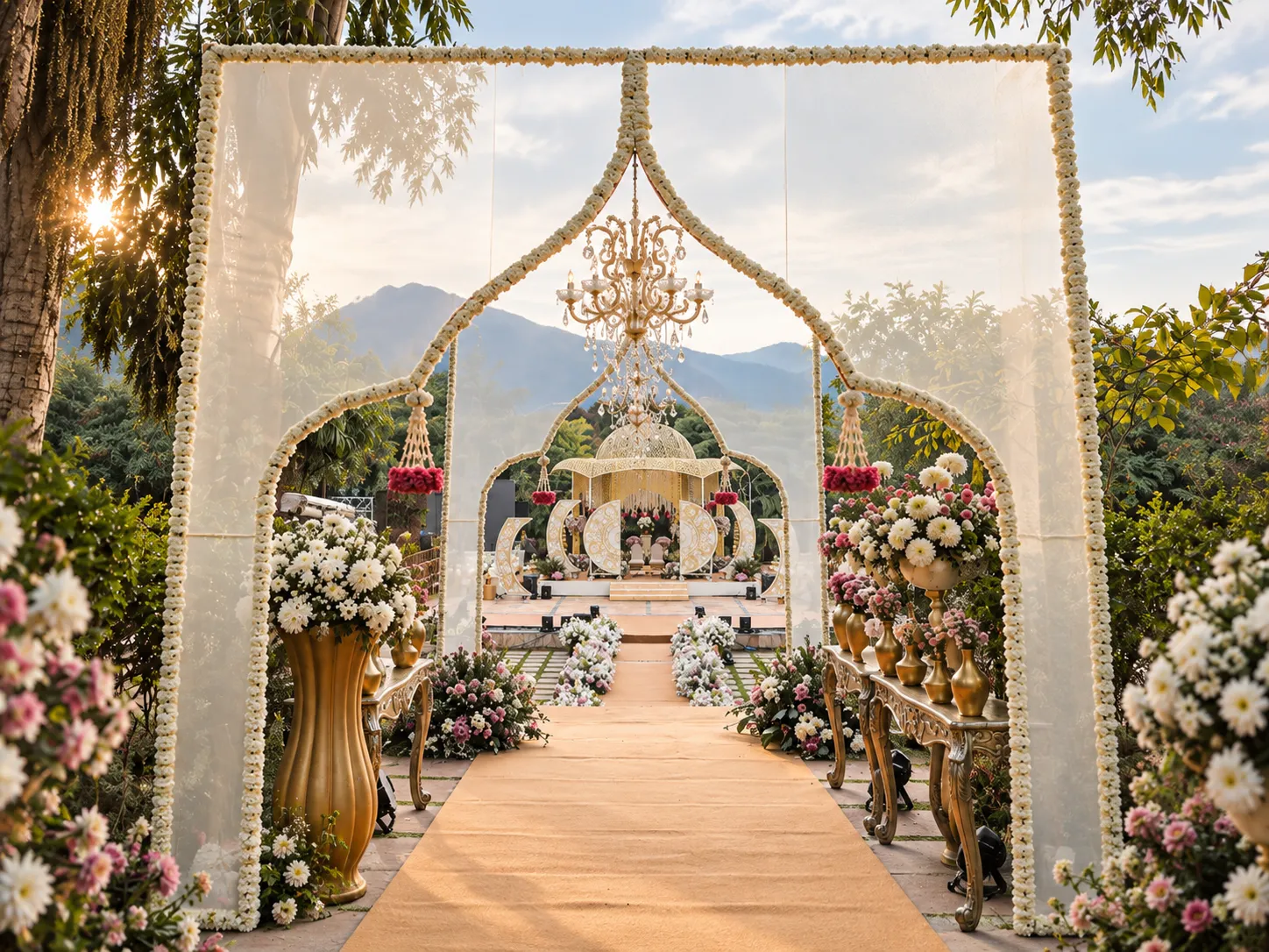 Suhani and Dhruv garden mandap aisle at Ananta, Udaipur — Behind The Scene real wedding