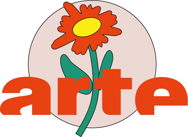 Graphic showing a joyful orange flower with a yellow blossom and green stem, with the word ‘arte’ written underneath, surrounded by a cream circle.