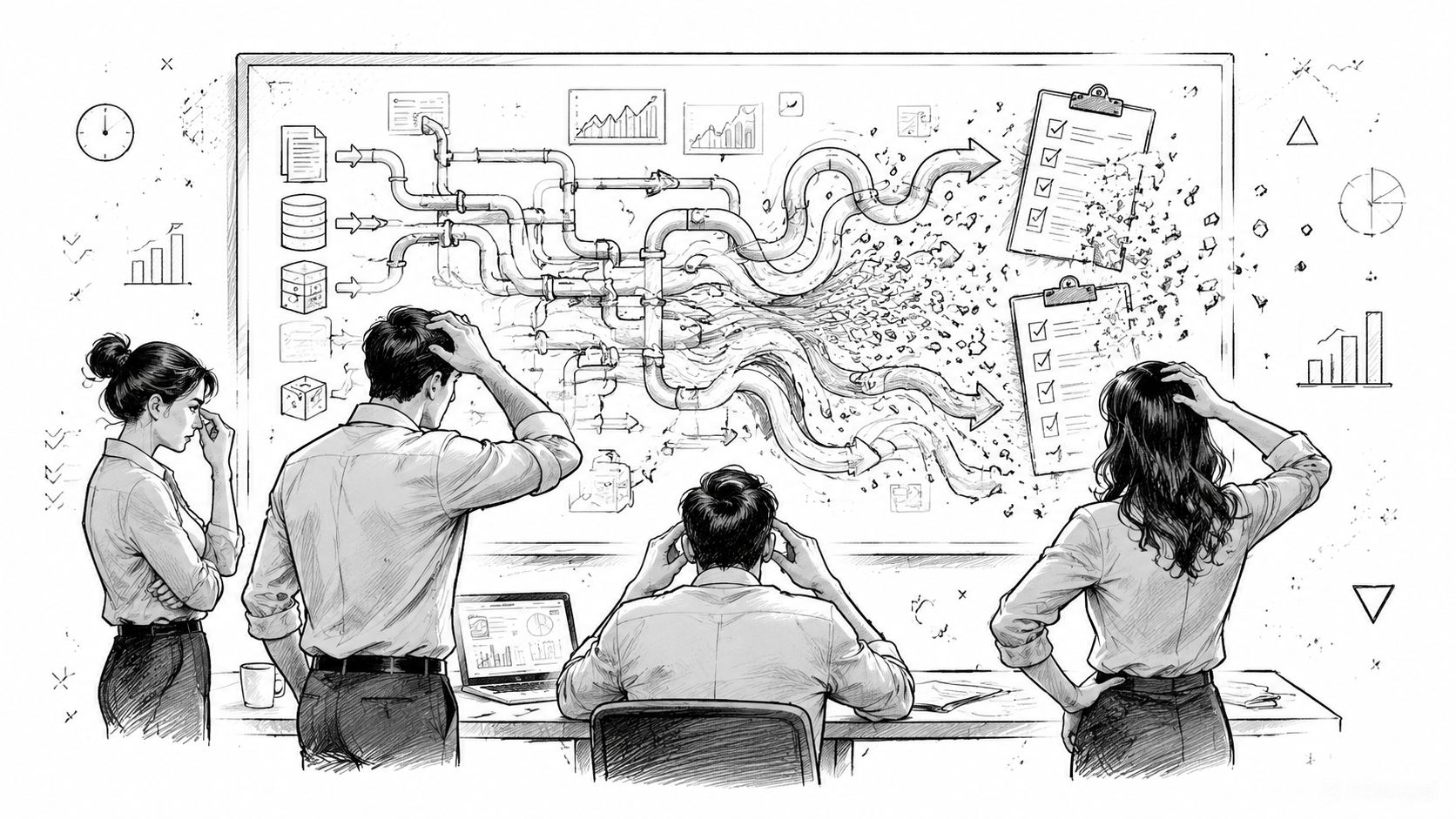 A team of professionals looking confused at a whiteboard illustrating complex data pipelines and audit processes.